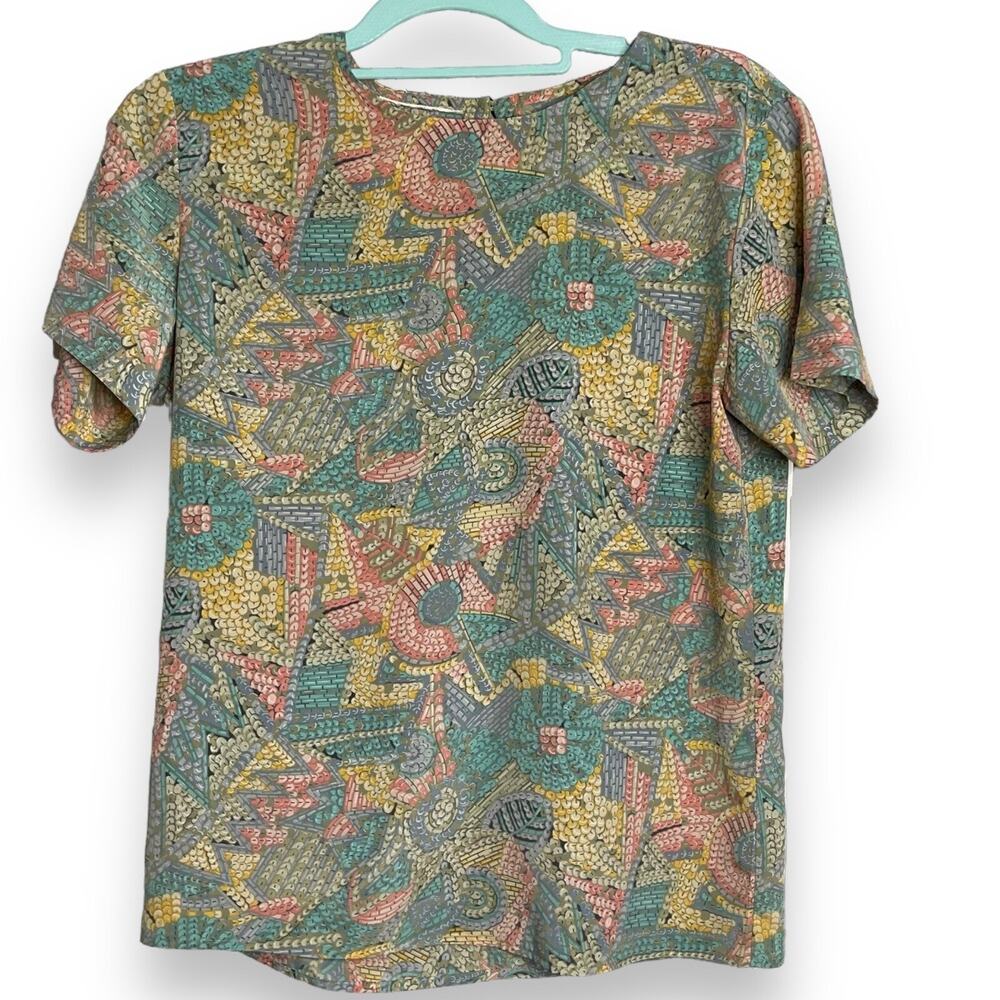 Vintage Le Caviar Geometric Mosaic Print Blouse Women's M Multicolored Shirt Top